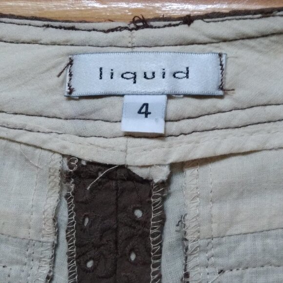 Liquid Brown Eyelet Over Linen Flattering Flat Front Low Rise Shorts Size 4 - Picture 5 of 6